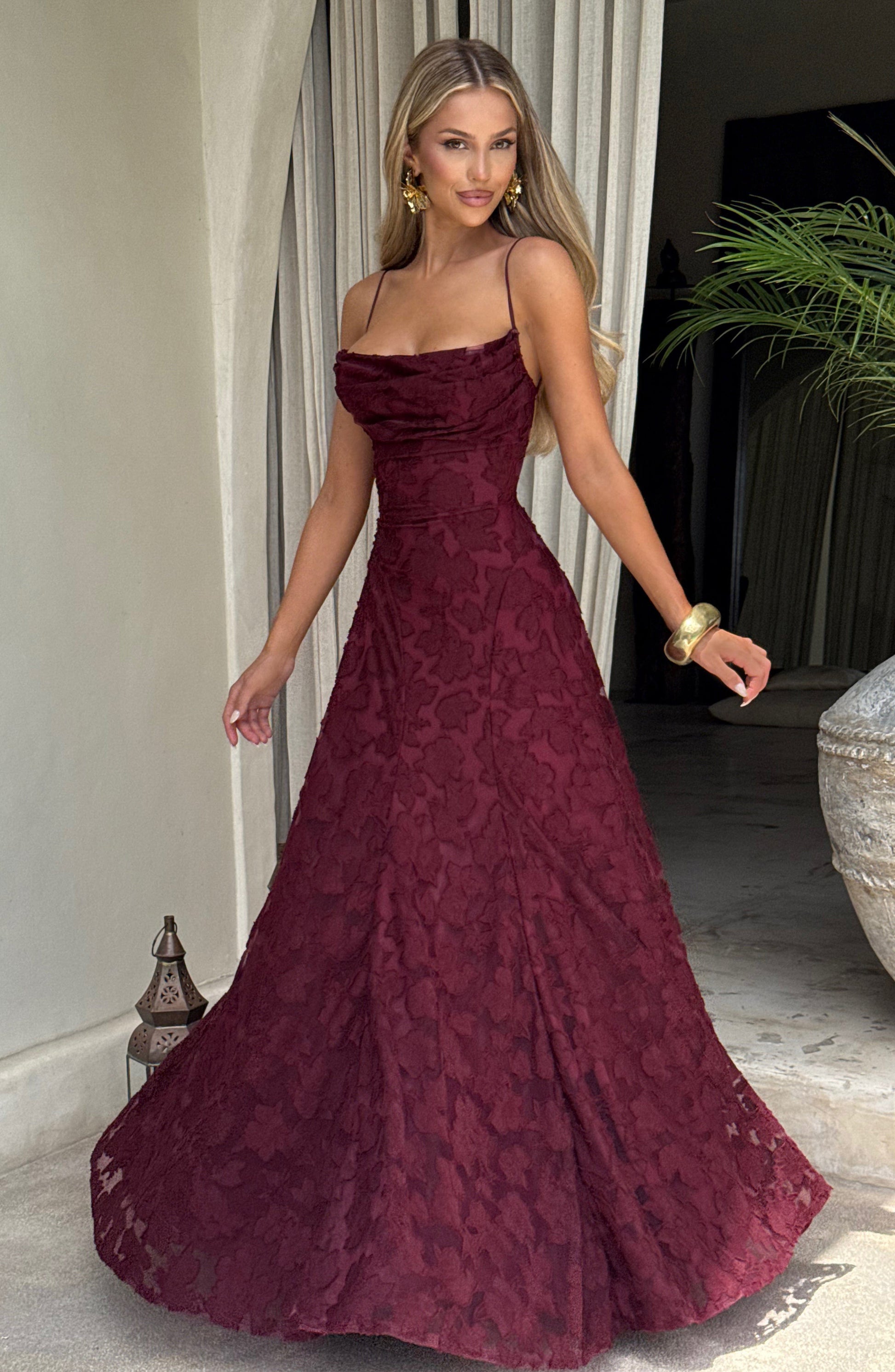 Women's Floral Cowl Neck Maxi Dress – Elegant Lace-Back Occasion Style