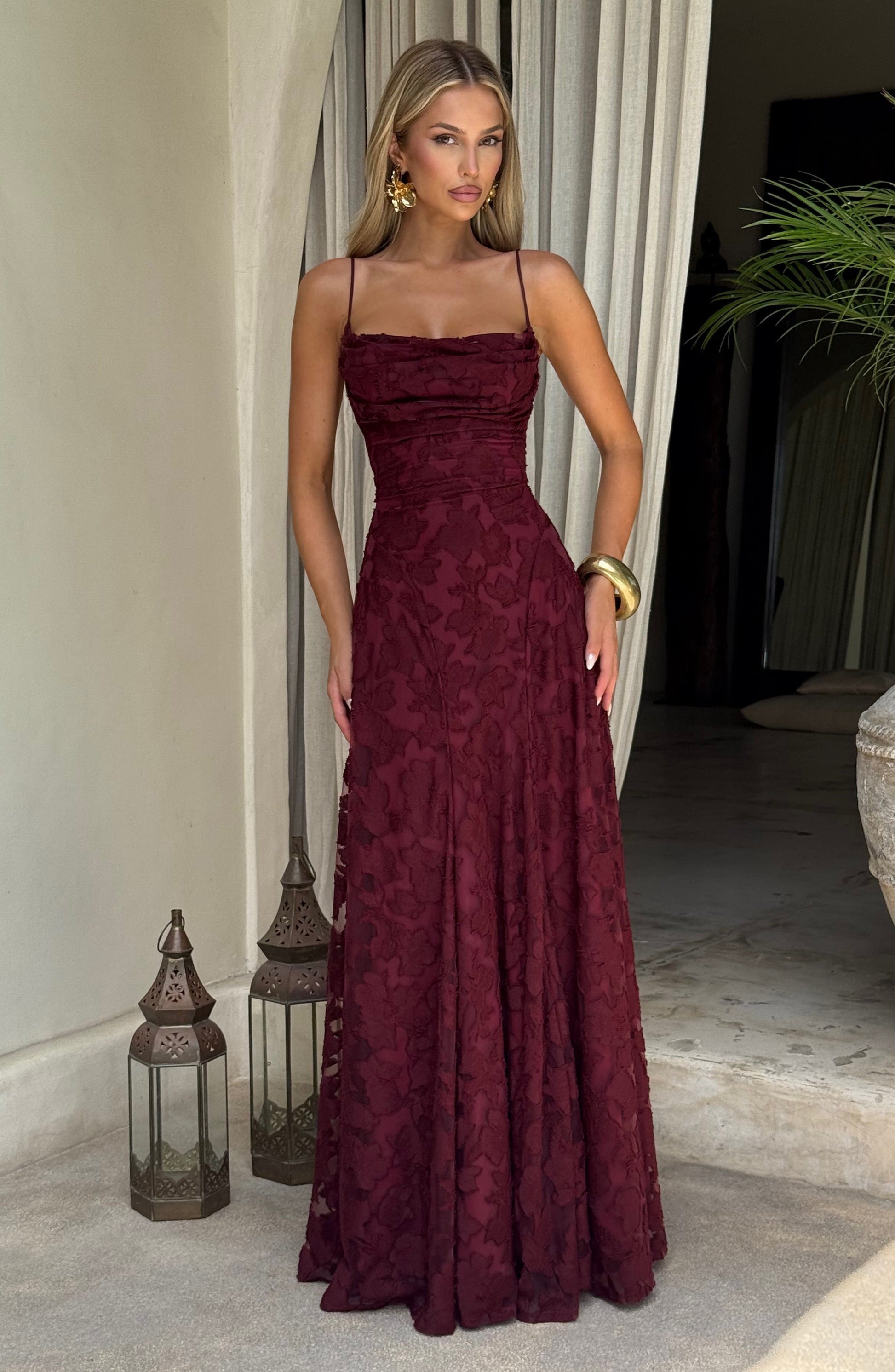 Women's Floral Cowl Neck Maxi Dress – Elegant Lace-Back Occasion Style