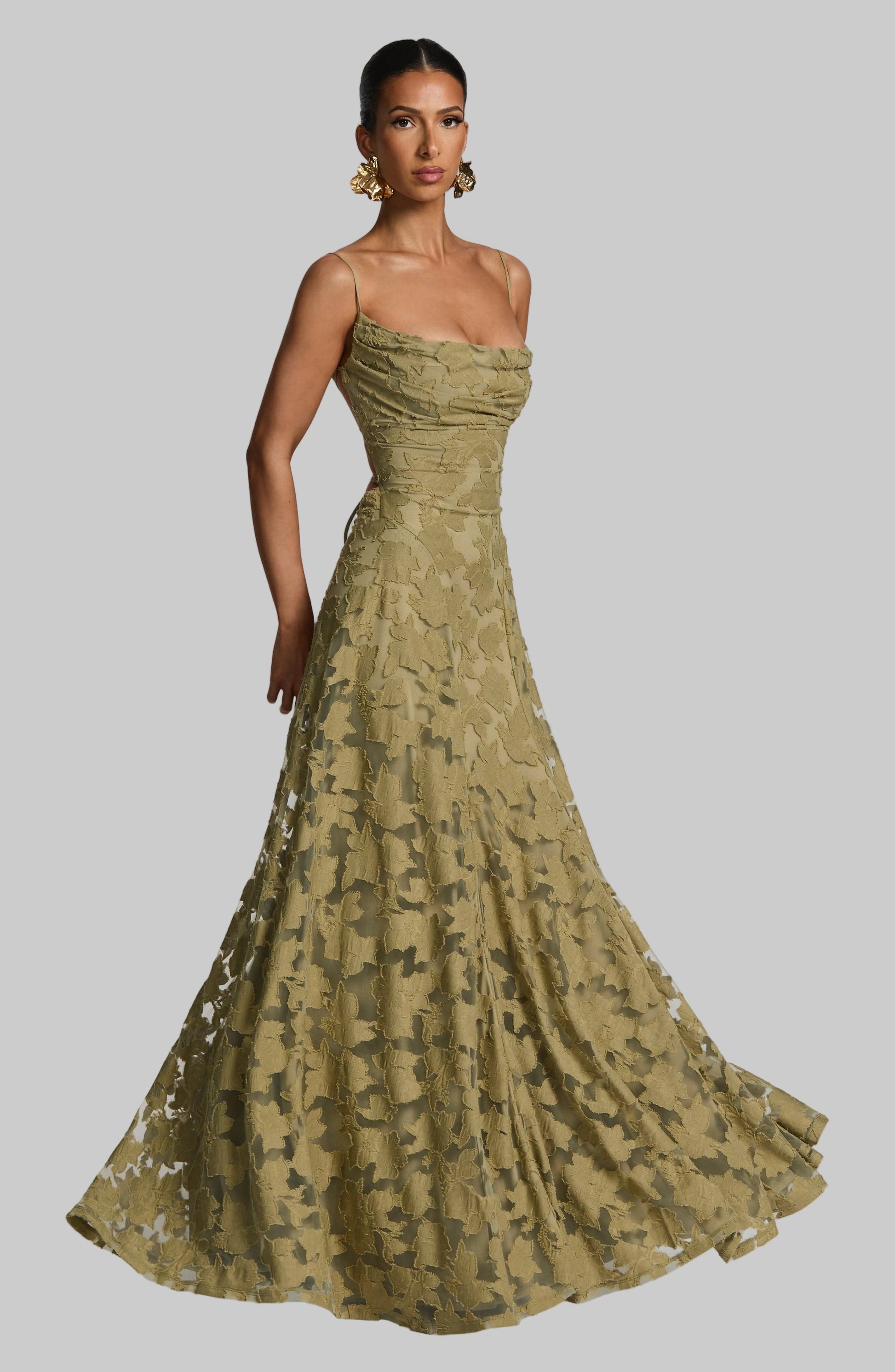 Women's Floral Cowl Neck Maxi Dress – Elegant Lace-Back Occasion Style