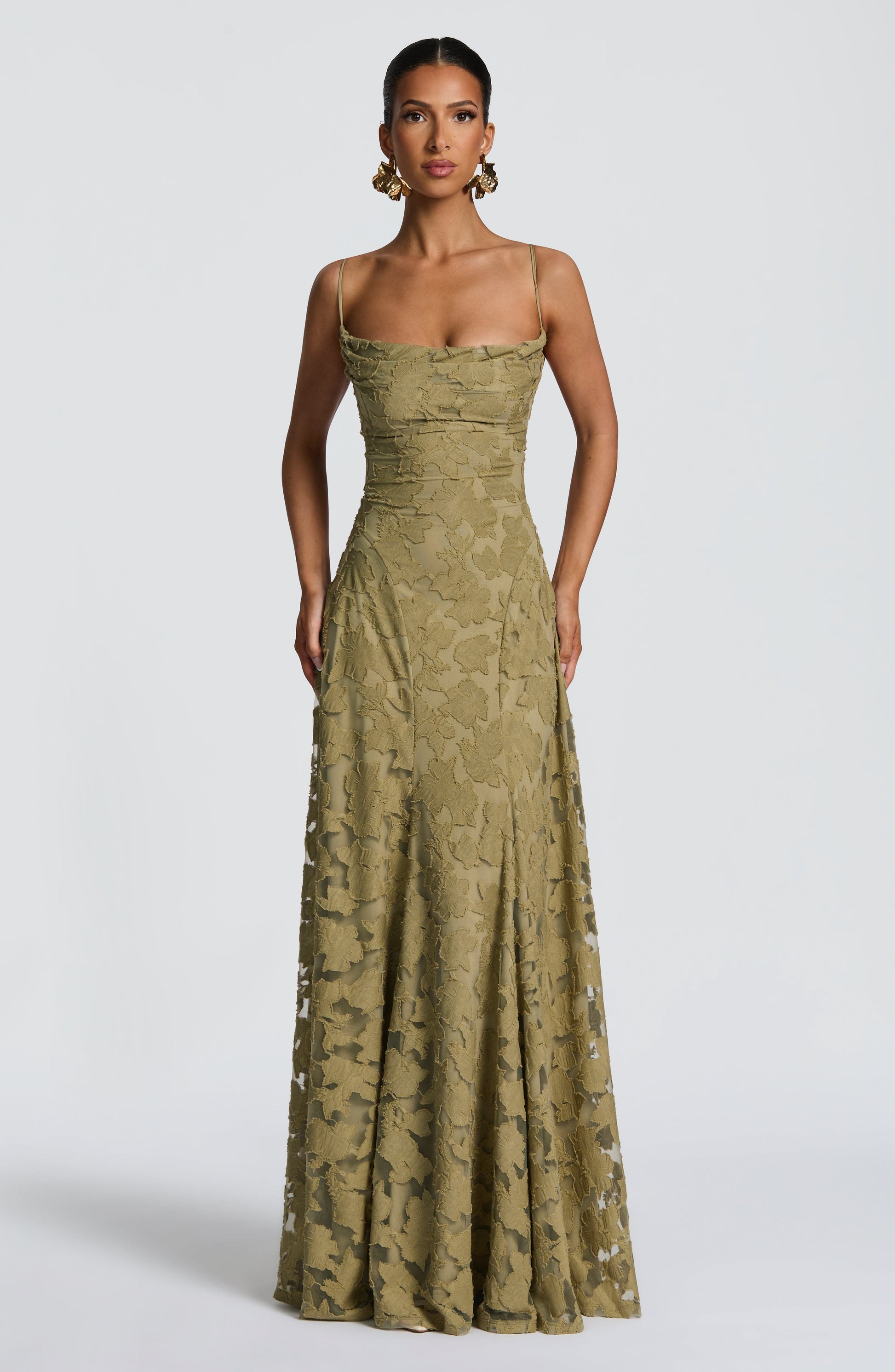 Women's Floral Cowl Neck Maxi Dress – Elegant Lace-Back Occasion Style