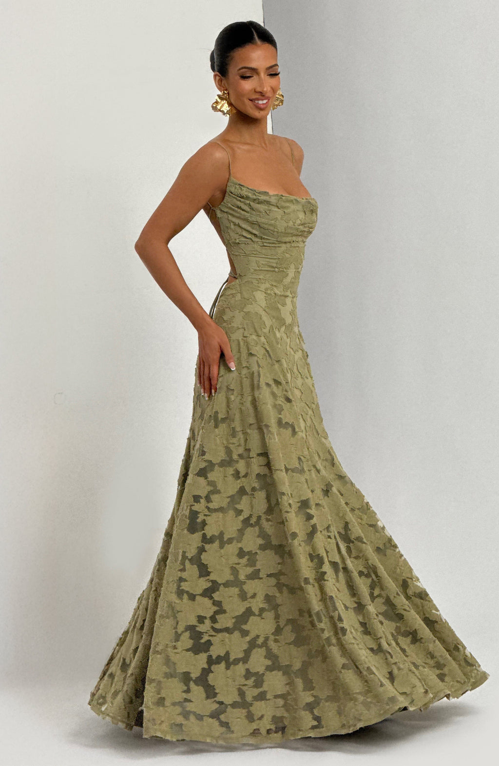 Women's Floral Cowl Neck Maxi Dress – Elegant Lace-Back Occasion Style