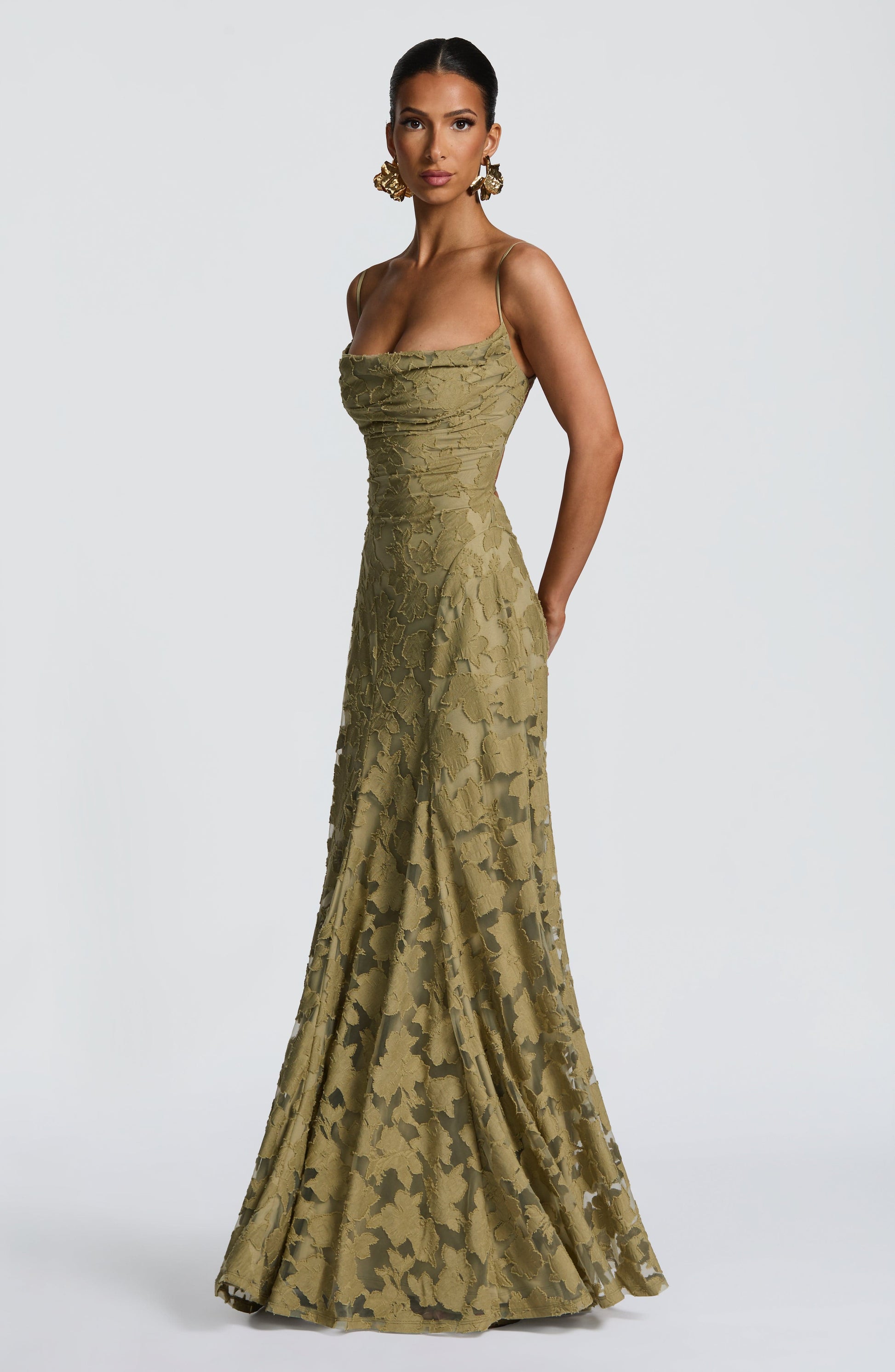 Women's Floral Cowl Neck Maxi Dress – Elegant Lace-Back Occasion Style