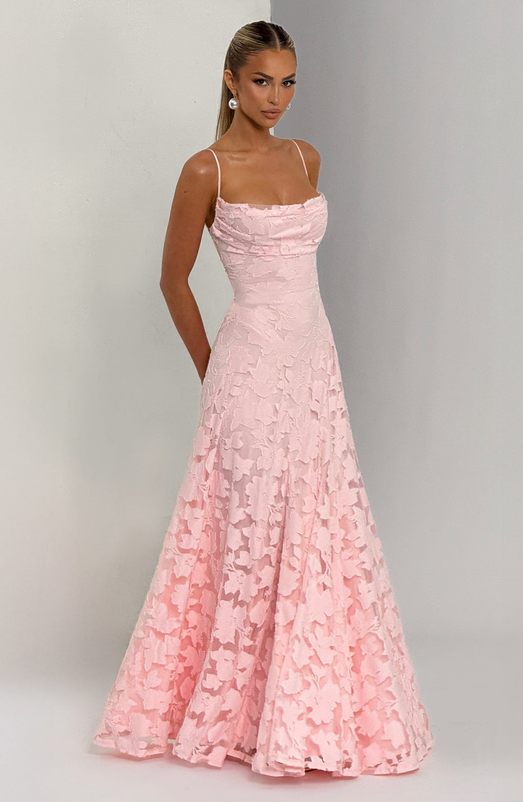 Women's Floral Cowl Neck Maxi Dress – Elegant Lace-Back Occasion Style