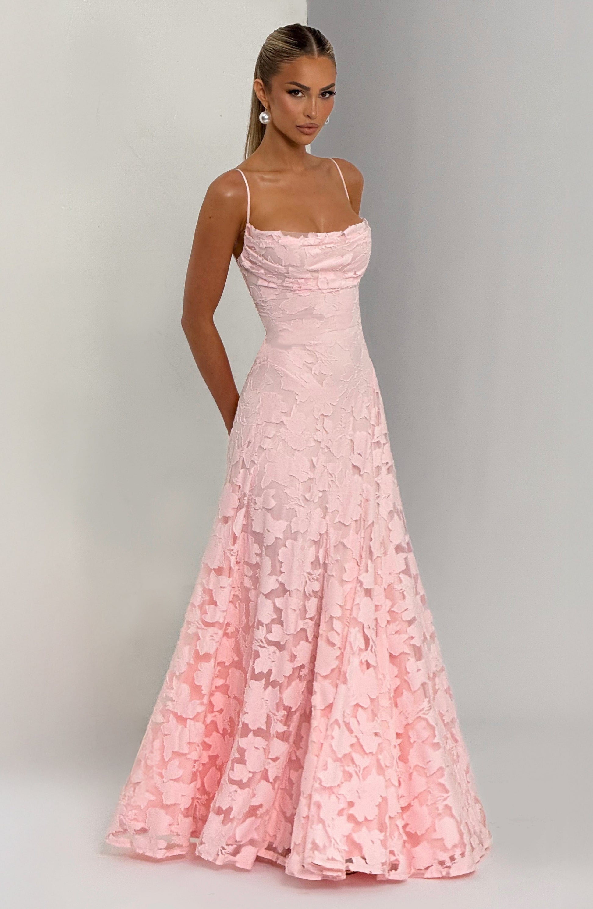 Women's Floral Cowl Neck Maxi Dress – Elegant Lace-Back Occasion Style