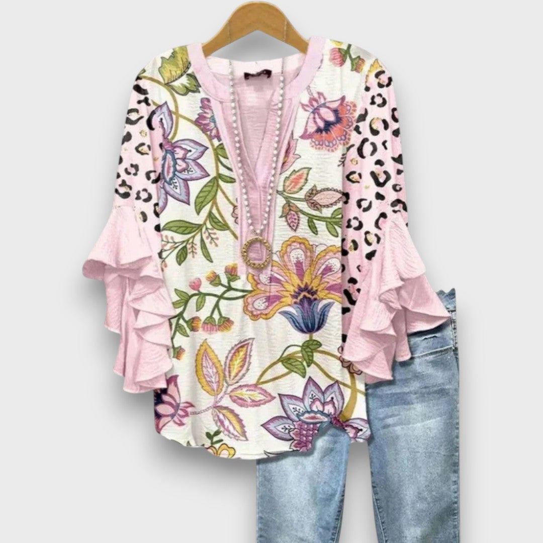 Women's Floral Ruffle Sleeve Blouse – Lightweight V-Neck Everyday Top