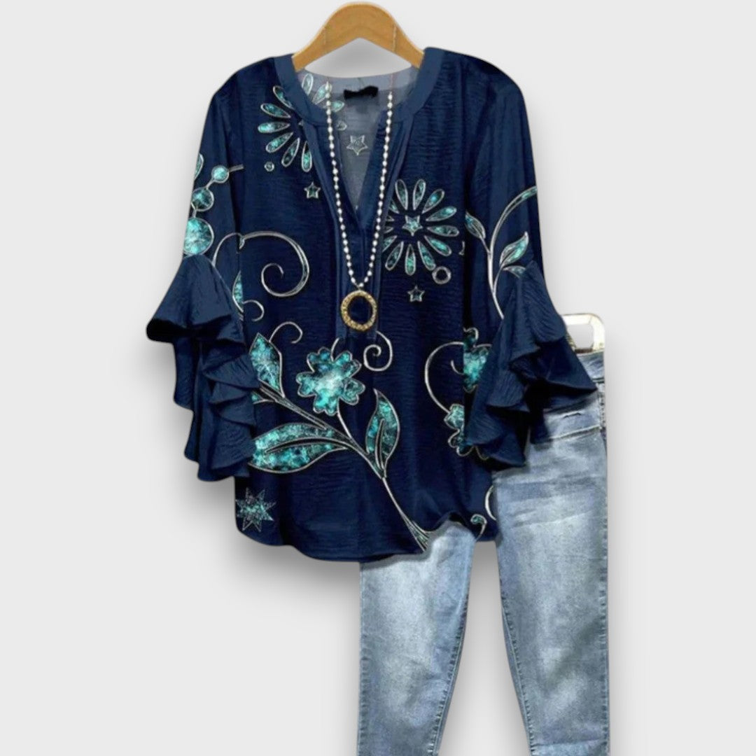 Women's Floral Ruffle Sleeve Blouse – Lightweight V-Neck Everyday Top
