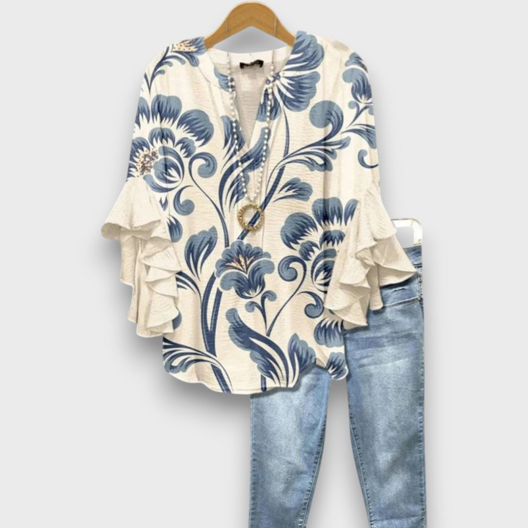 Women's Floral Ruffle Sleeve Blouse – Lightweight V-Neck Everyday Top