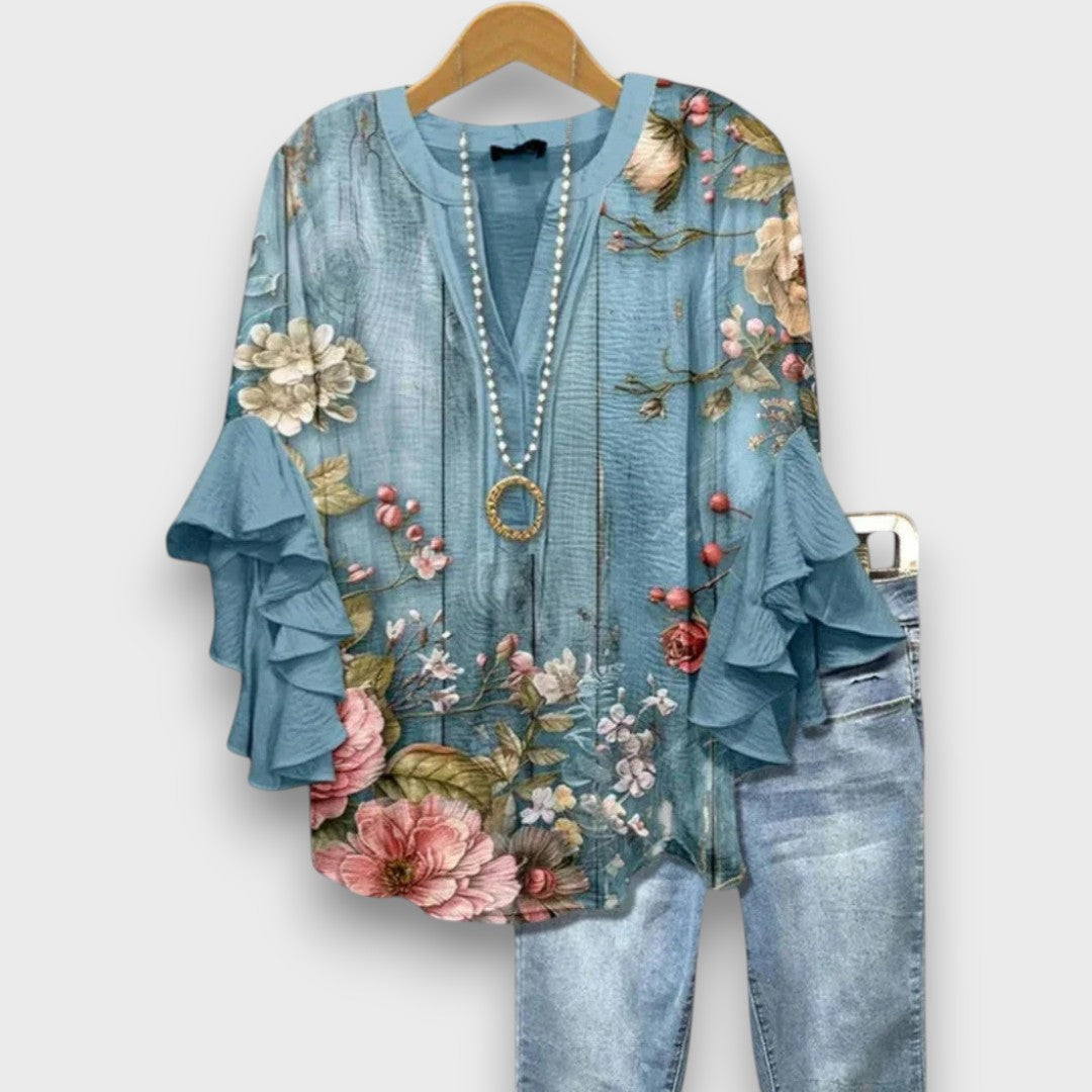 Women's Floral Ruffle Sleeve Blouse – Lightweight V-Neck Everyday Top
