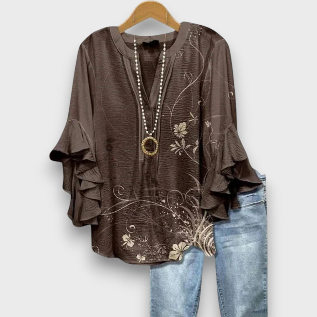Women's Floral Ruffle Sleeve Blouse – Lightweight V-Neck Everyday Top