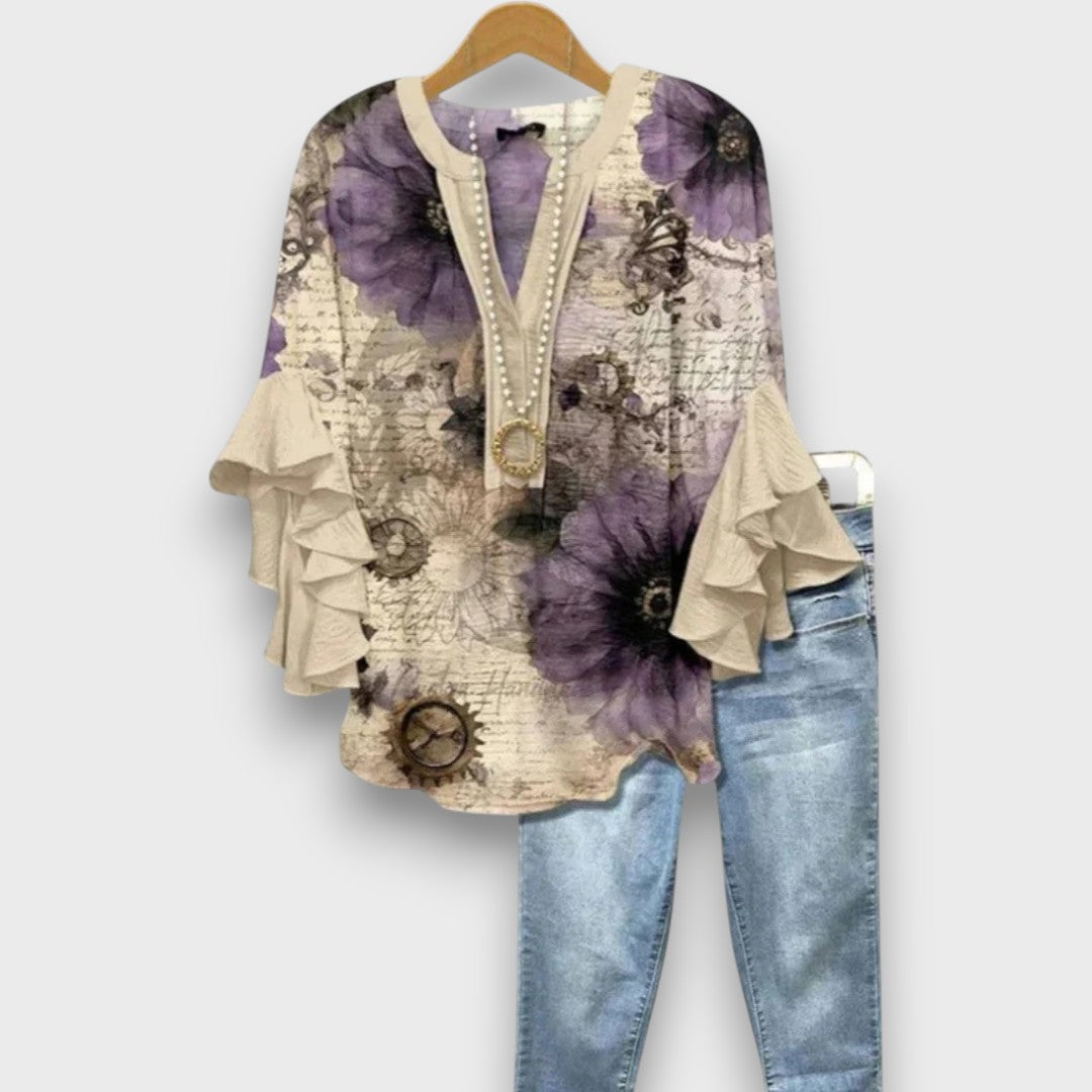 Women's Floral Ruffle Sleeve Blouse – Lightweight V-Neck Everyday Top