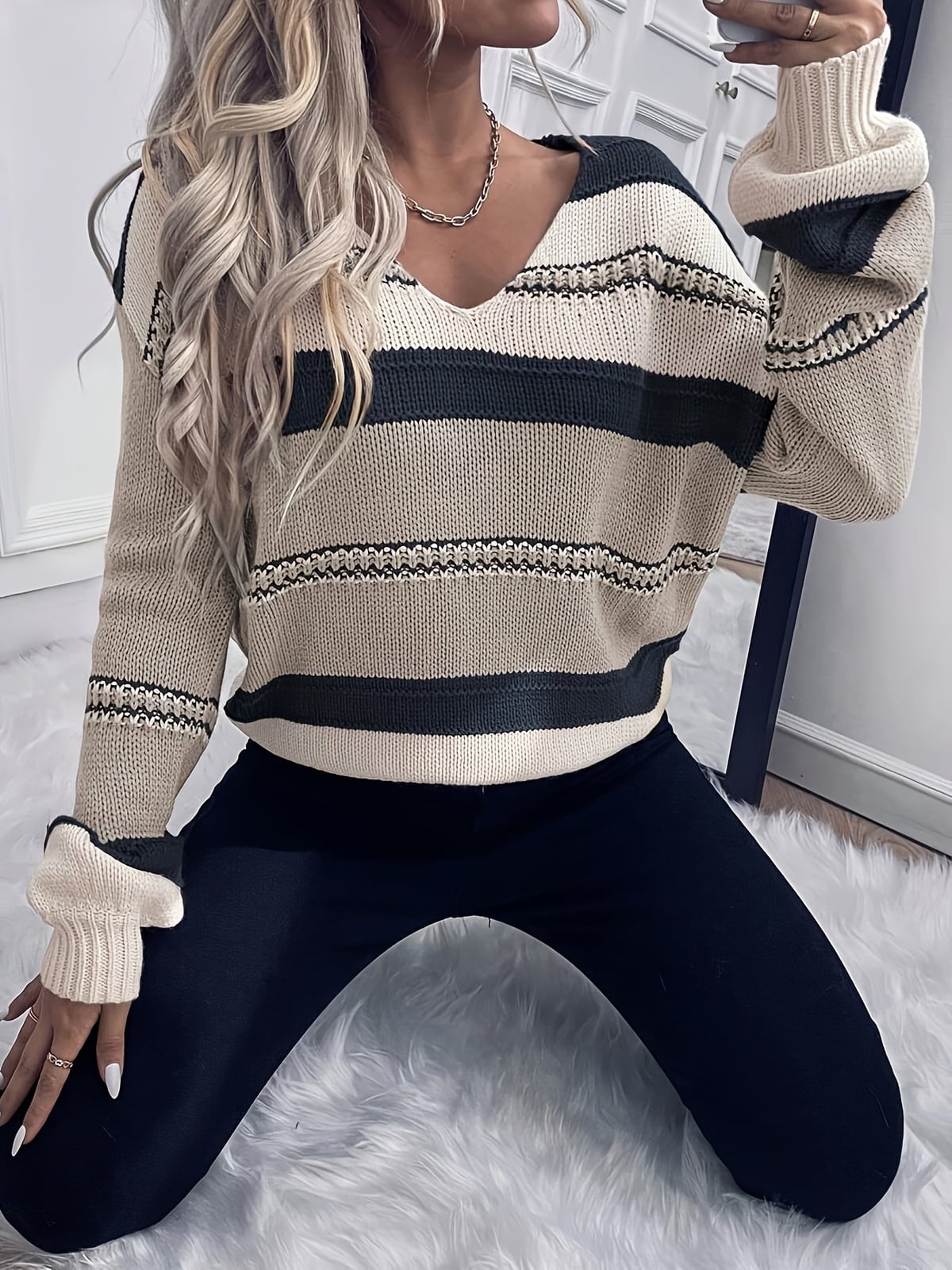 Women's Striped Sweater - V-Neck Knit