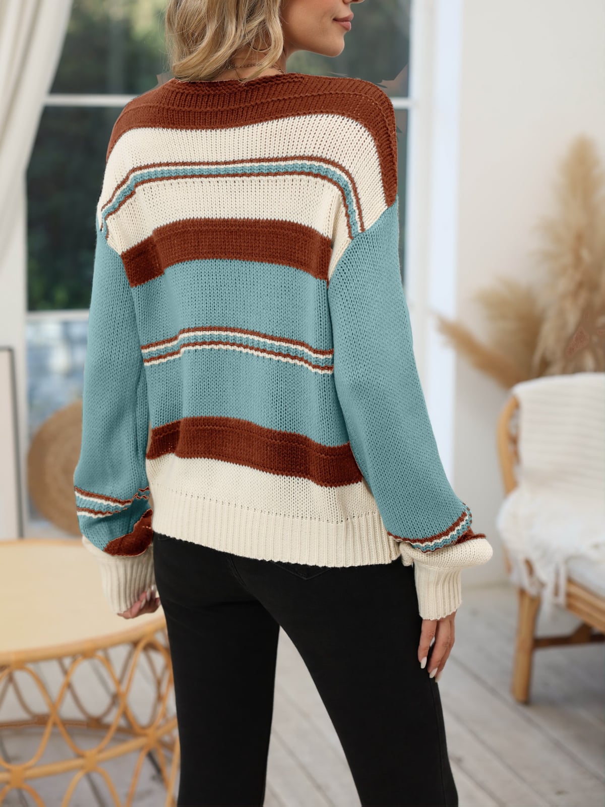 Women's Striped Sweater - V-Neck Knit