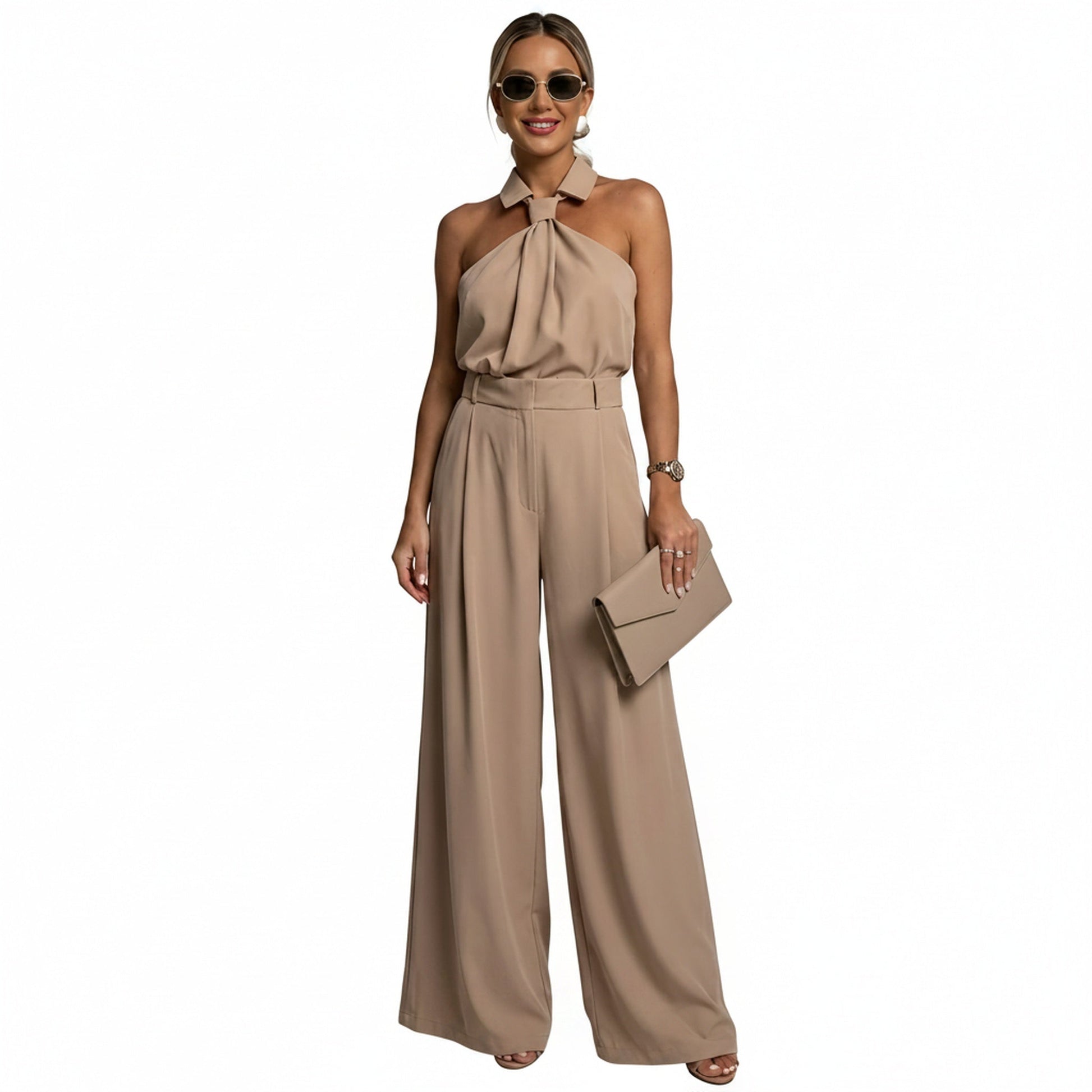 Women's Halter Neck Wide Leg Jumpsuit – Elegant Flowy Occasion Style