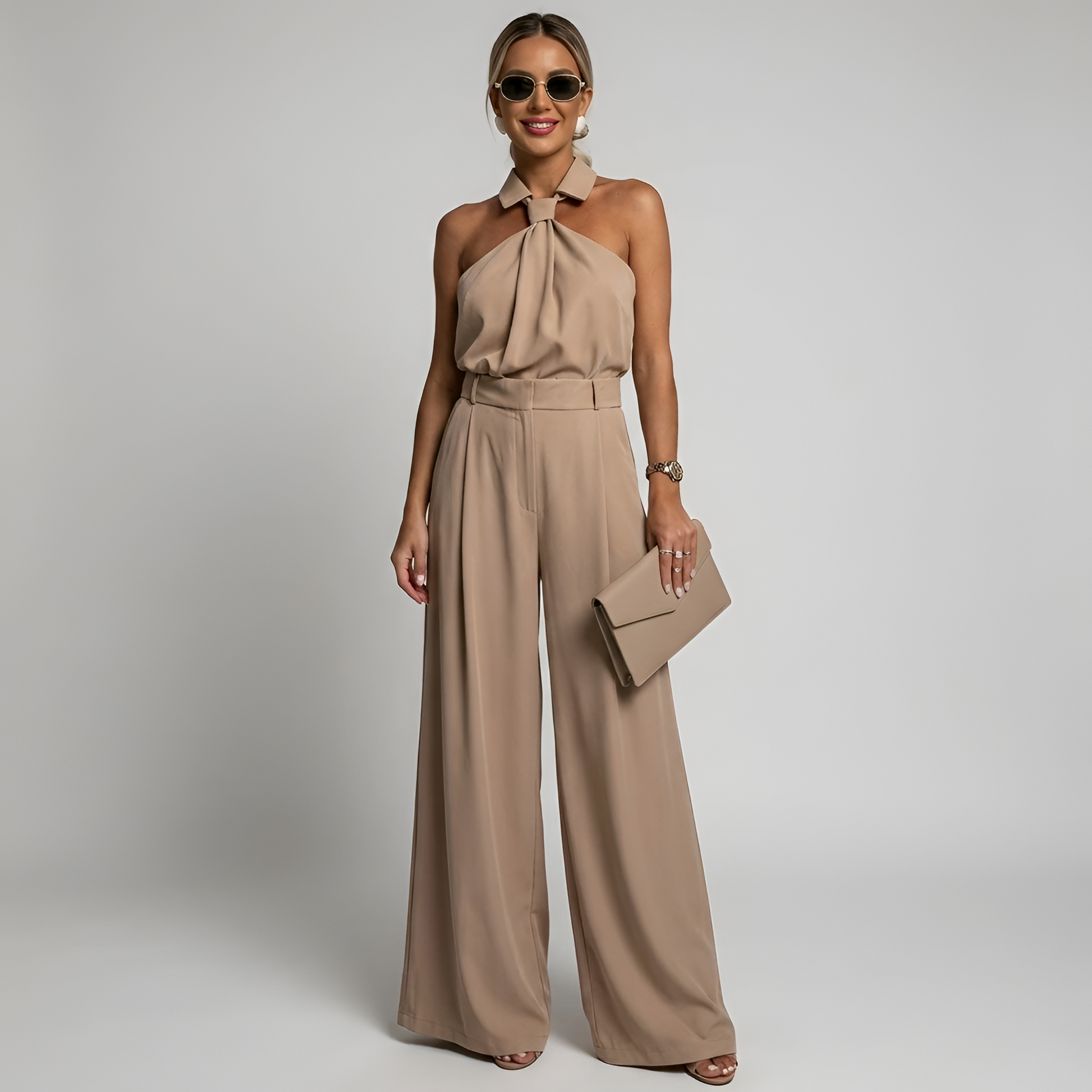 Women's Halter Neck Wide Leg Jumpsuit – Elegant Flowy Occasion Style