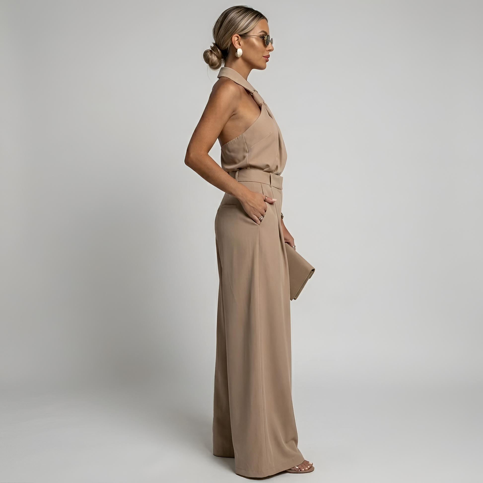 Women's Halter Neck Wide Leg Jumpsuit – Elegant Flowy Occasion Style