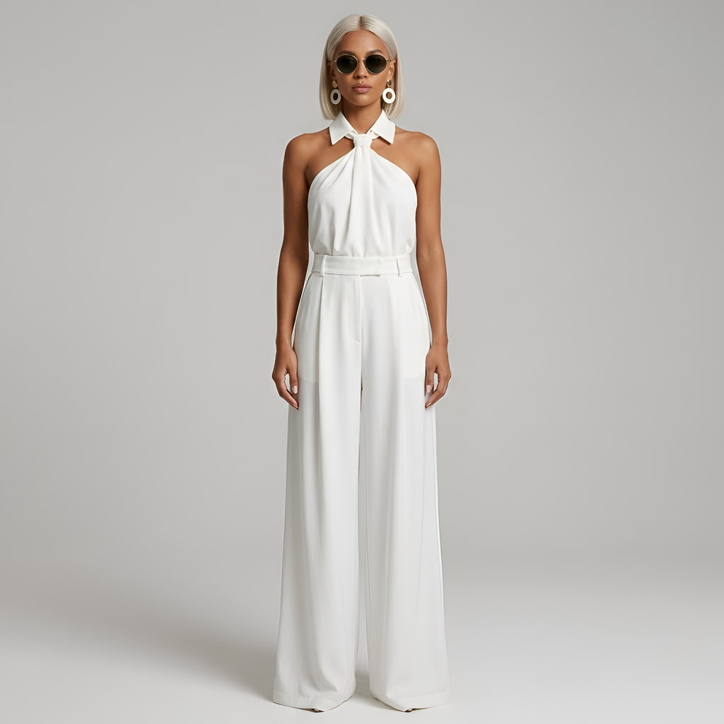 Women's Halter Neck Wide Leg Jumpsuit – Elegant Flowy Occasion Style