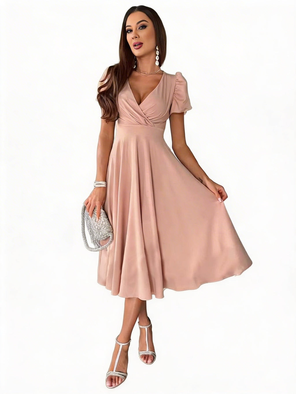 Women's Puff Sleeve Midi Dress - Elegant Flared Occasion Style