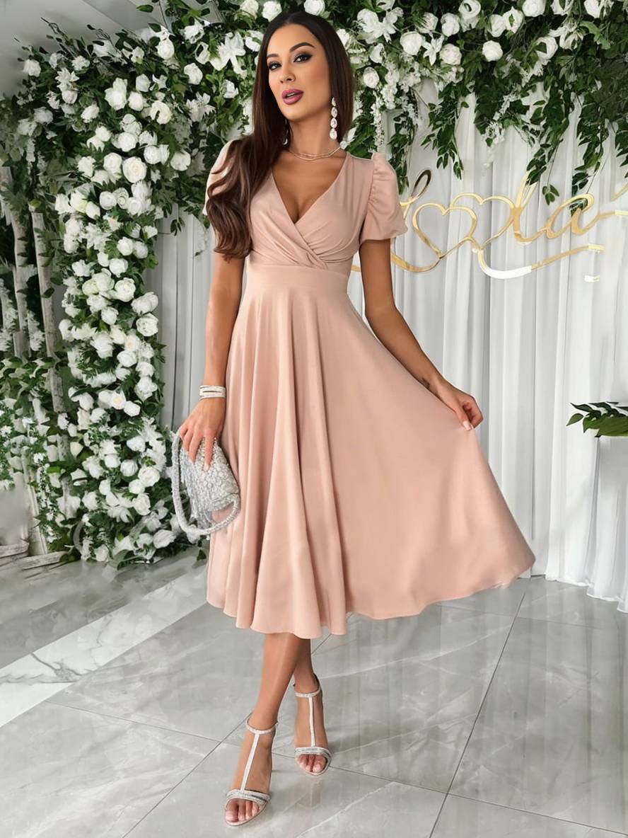 Women's Puff Sleeve Midi Dress - Elegant Flared Occasion Style