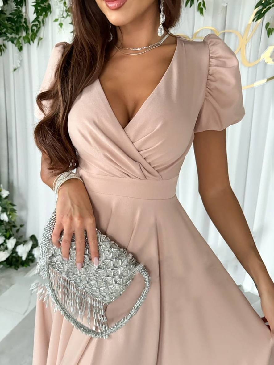 Women's Puff Sleeve Midi Dress - Elegant Flared Occasion Style