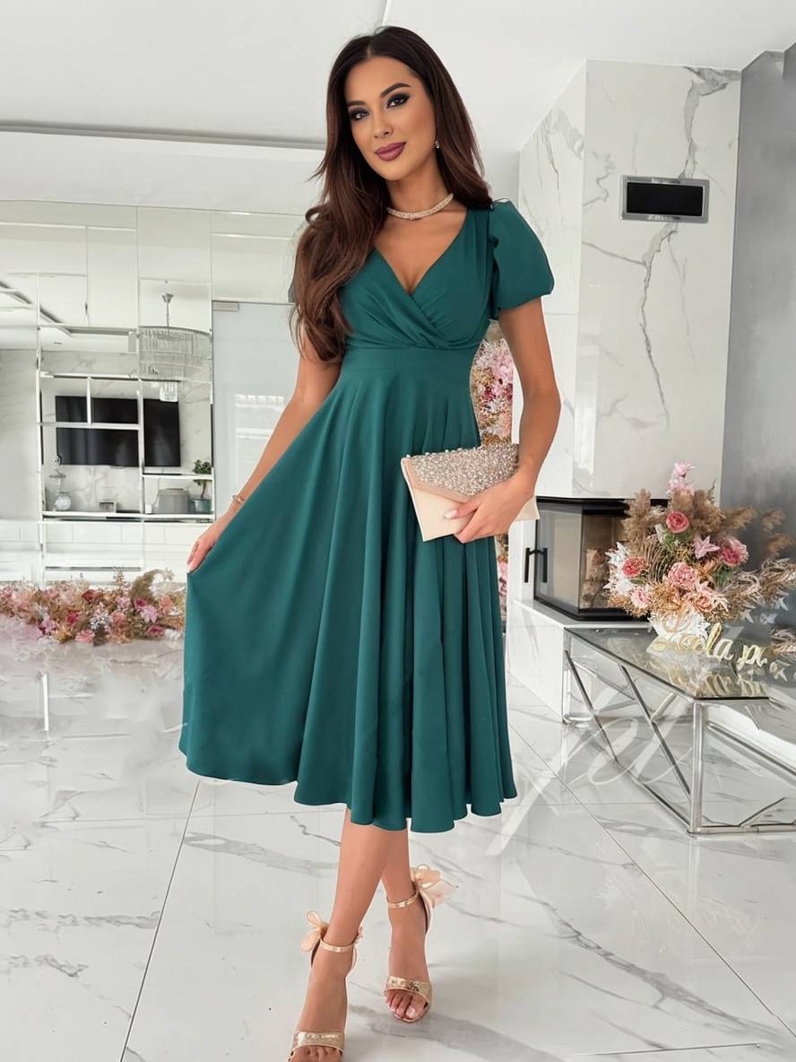 Women's Puff Sleeve Midi Dress - Elegant Flared Occasion Style