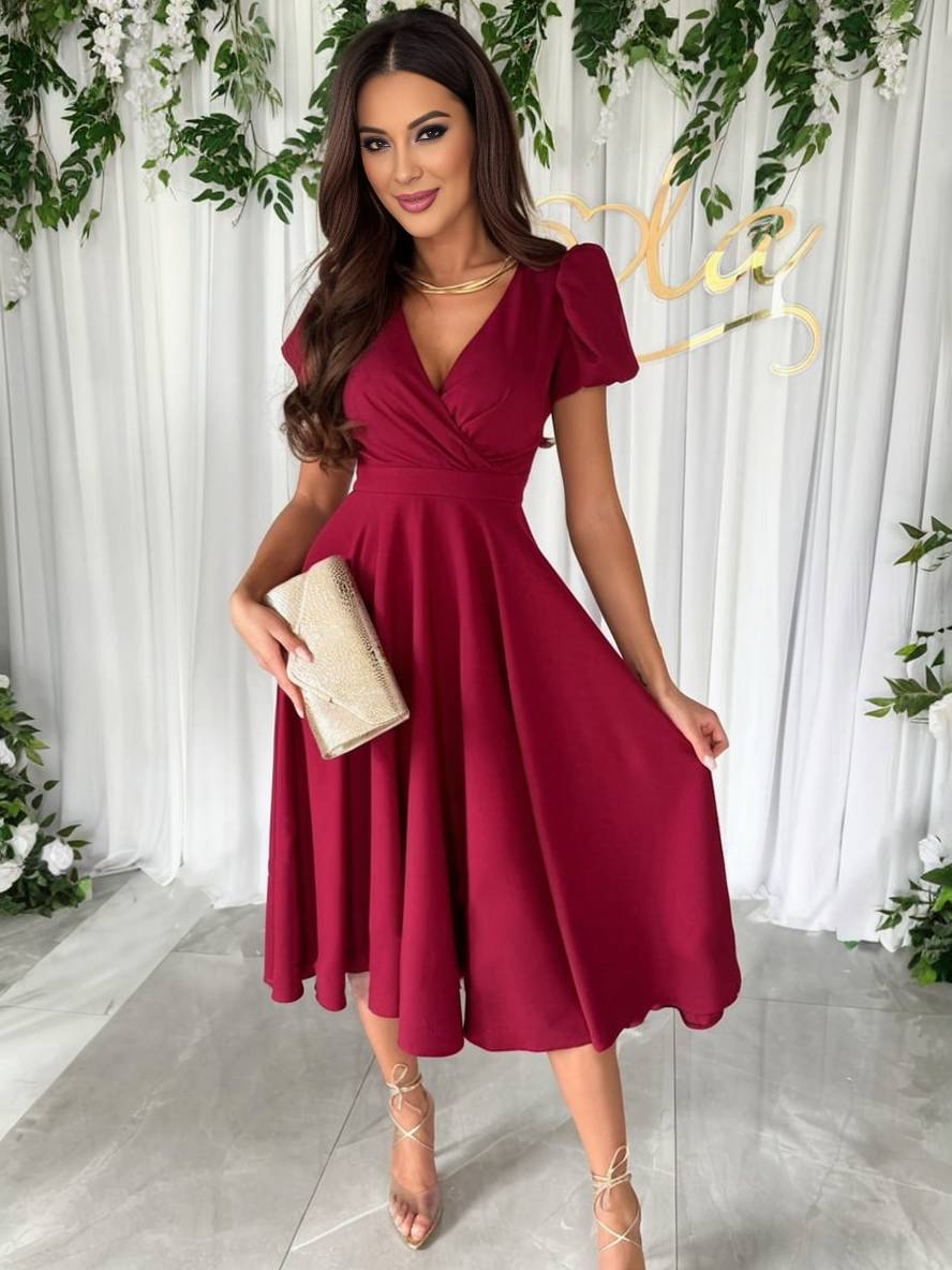 Women's Puff Sleeve Midi Dress - Elegant Flared Occasion Style