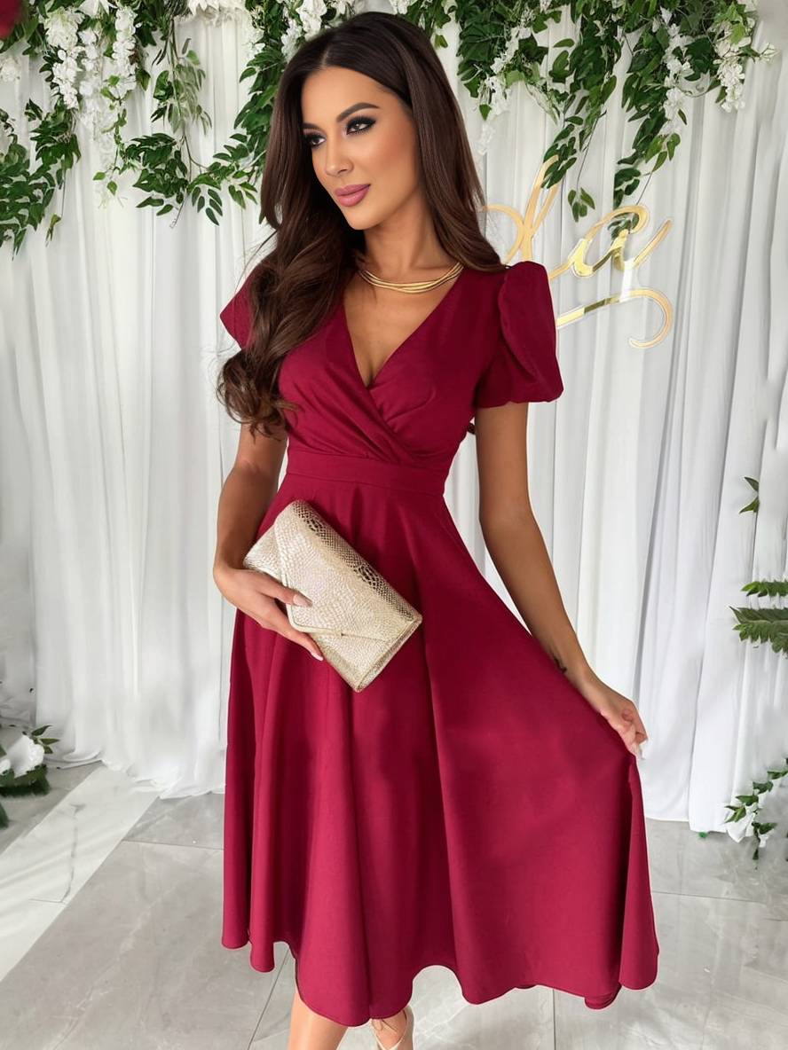Women's Puff Sleeve Midi Dress - Elegant Flared Occasion Style