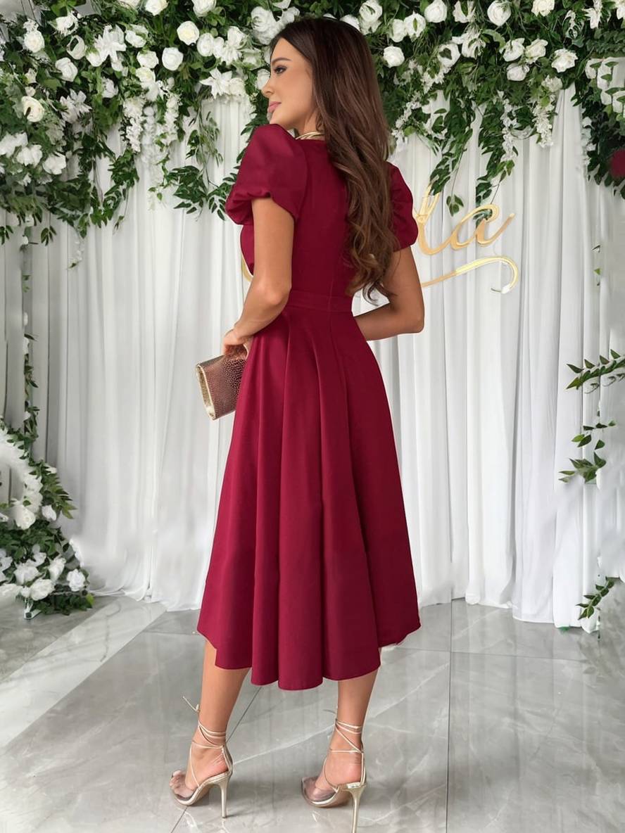 Women's Puff Sleeve Midi Dress - Elegant Flared Occasion Style