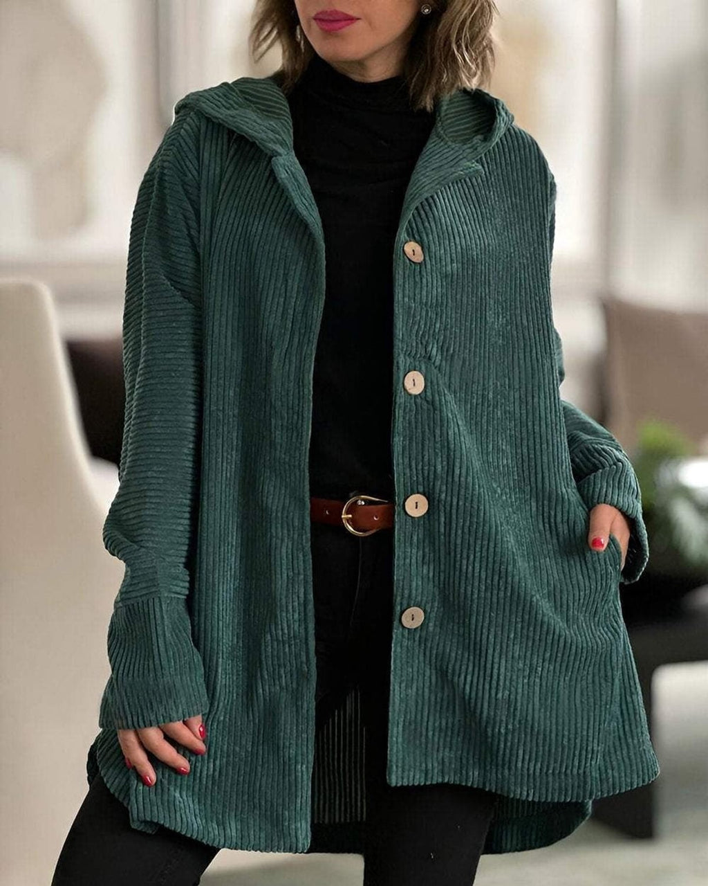 Women's Casual Jacket - Hooded with Button Closure