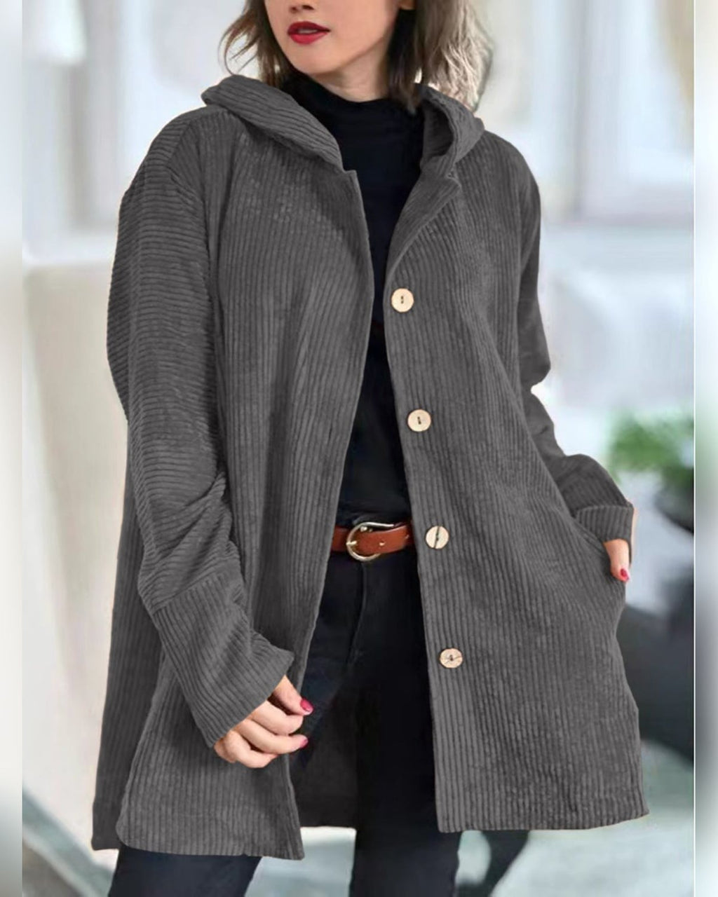Women's Casual Jacket - Hooded with Button Closure