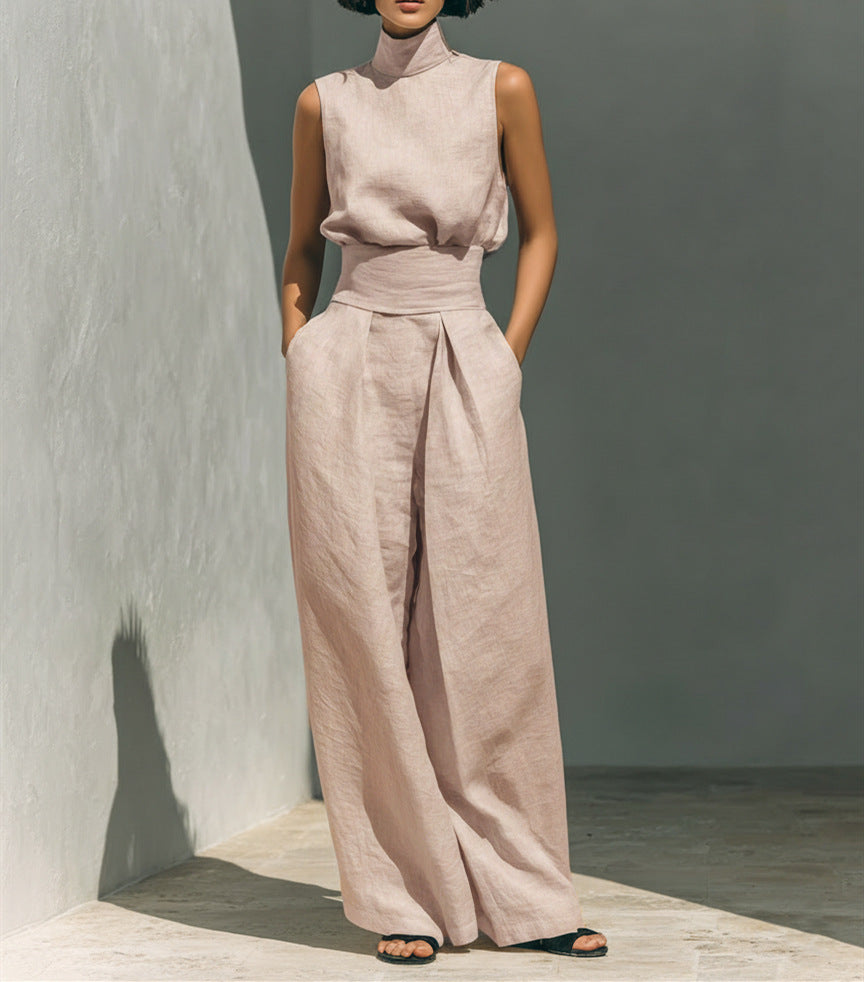 Women’s Sleeveless Two-Piece Set – Stand Collar Top & Straight-Leg Trousers Summer Casual Style