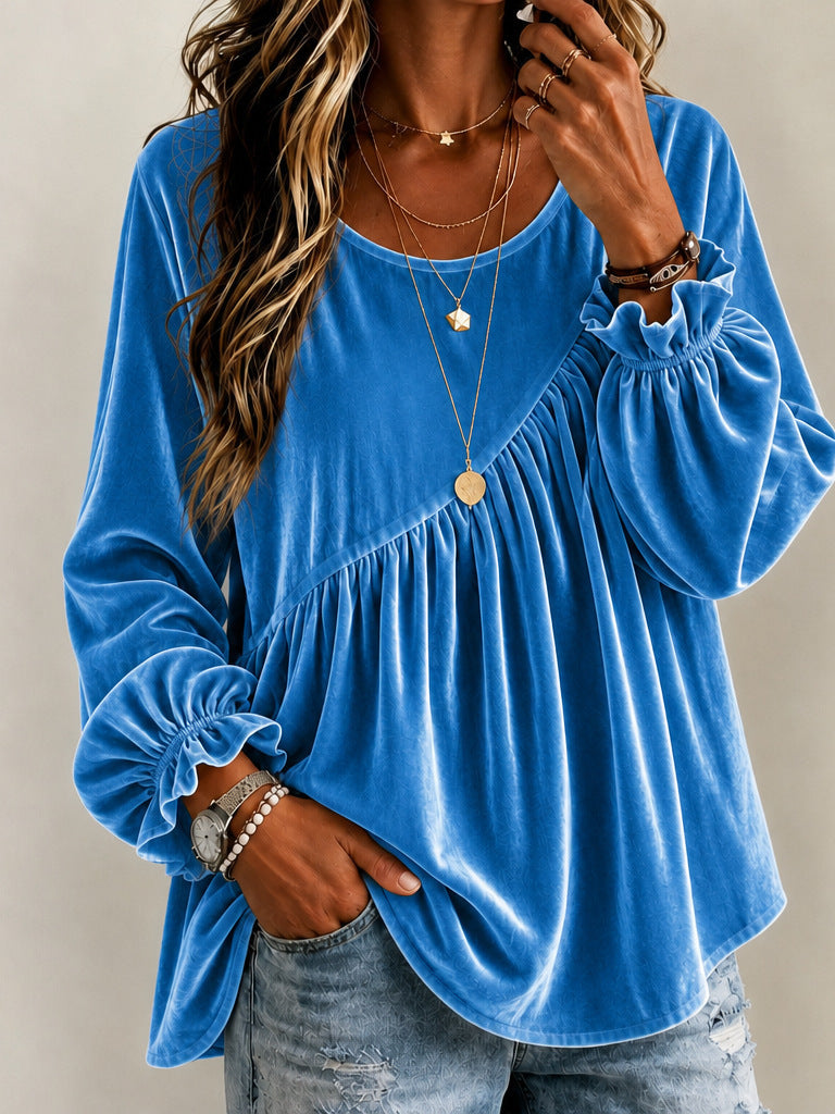 Women’s Velvet Crew Neck Ruffle Top – Relaxed Fit Elegant Style