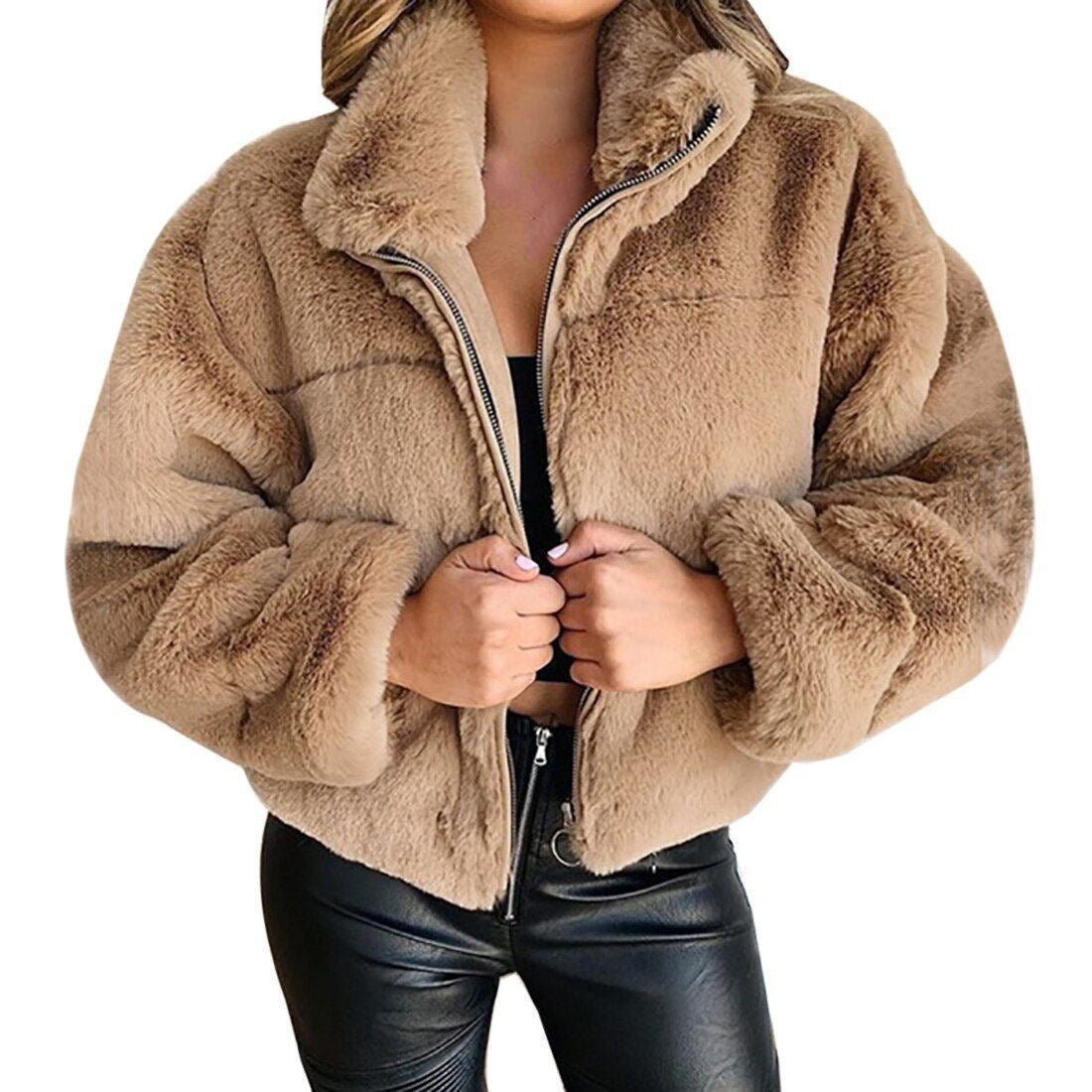 Faux-Fur Zip Cardigan Jacket - Warm and Cozy