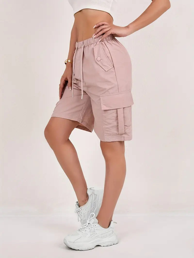 Women's Pink High-Waisted Drawstring Cargo Bermuda Shorts