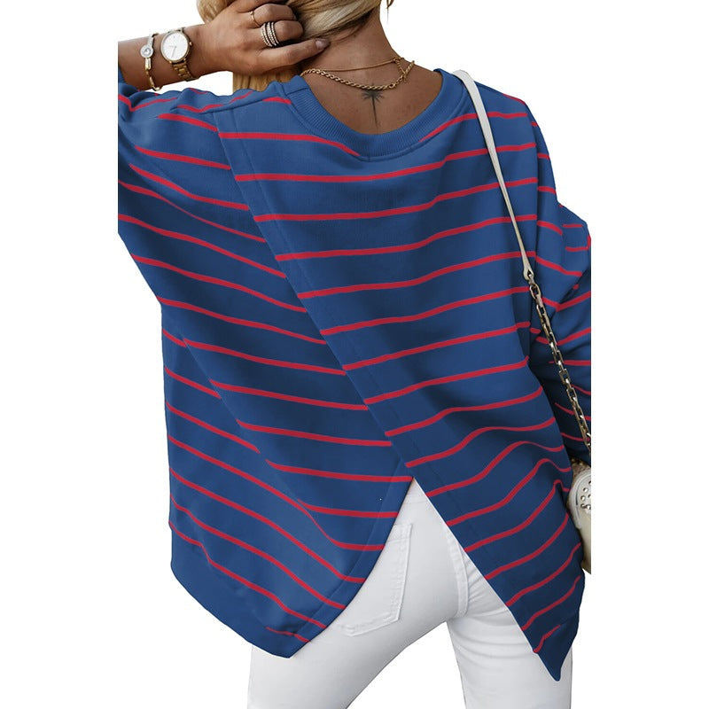 Women’s Striped Print Crew Neck Sweatshirt – Cozy Casual Fall Winter Style