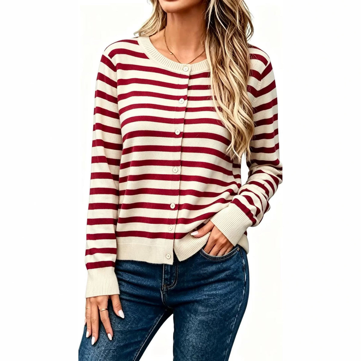 Women’s Long Sleeve Striped Knit Cardigan – Loose-Fit Cozy Casual Style