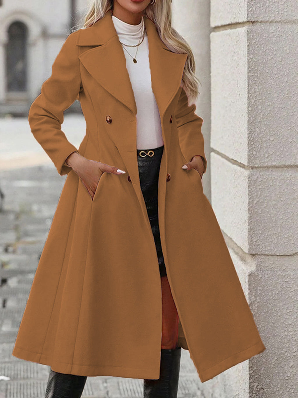 Women's Long Trench Coat - Double-Breasted Casual Outerwear