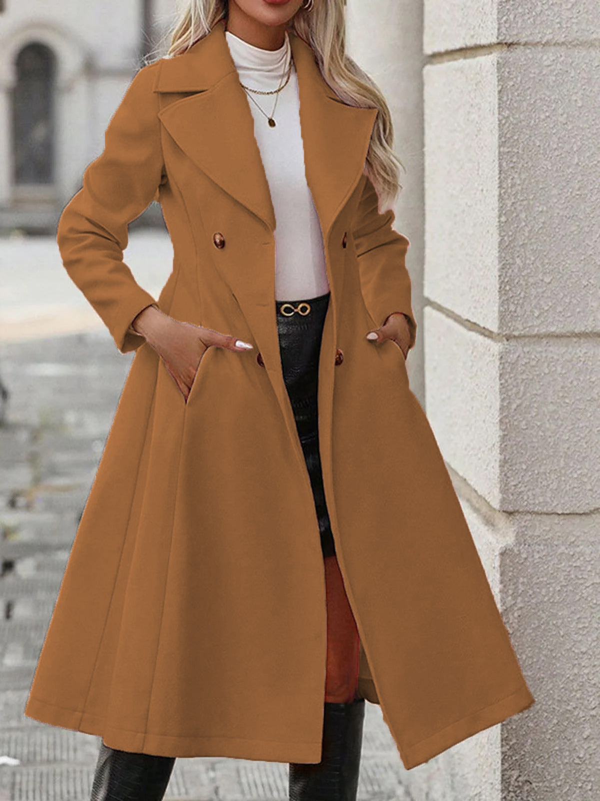 Women's Long Trench Coat - Double-Breasted Casual Outerwear