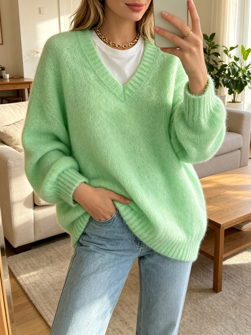 Loose V-Neck Knit Sweater - Soft and Relaxed