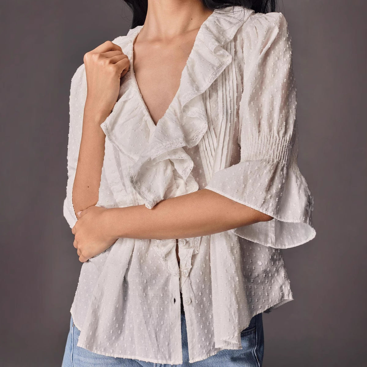Women’s 3D Jacquard Shirt – Elegant Flared Sleeve Commute Top
