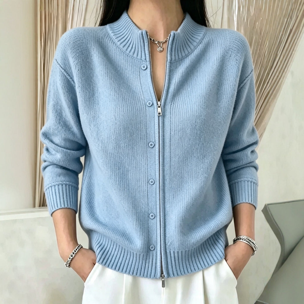 Zip-Up Crewneck Knit Sweater - Soft and Modern