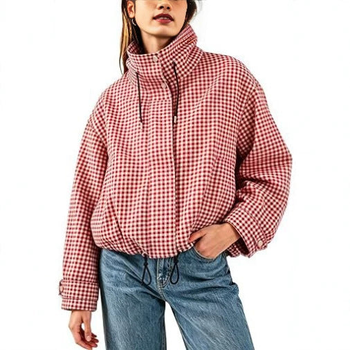 Women’s Plaid Stand Collar Zip-Up Jacket – Stylish Casual Short Outerwear
