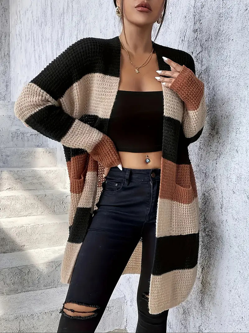 Women’s Loose-Fit Striped Long Sleeve Cardigan – Cozy Casual Style in Three Colors