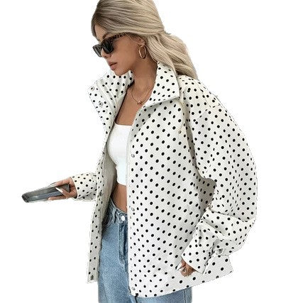 Women’s Polka Dot Printed Woven Jacket – Relaxed-Fit Stylish Short Coat