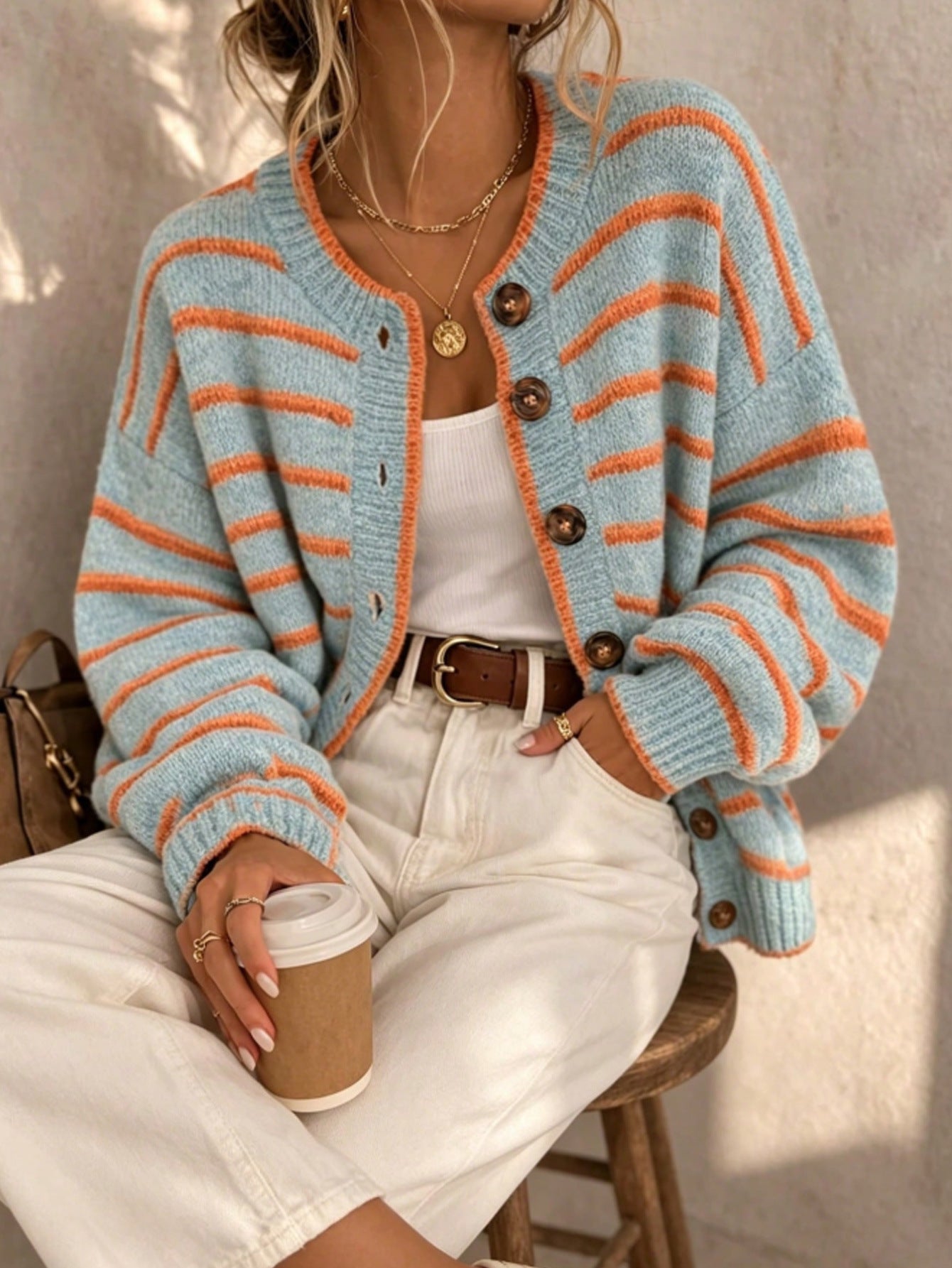 Women’s Crew Neck Cardigan – European American Chic Casual Style