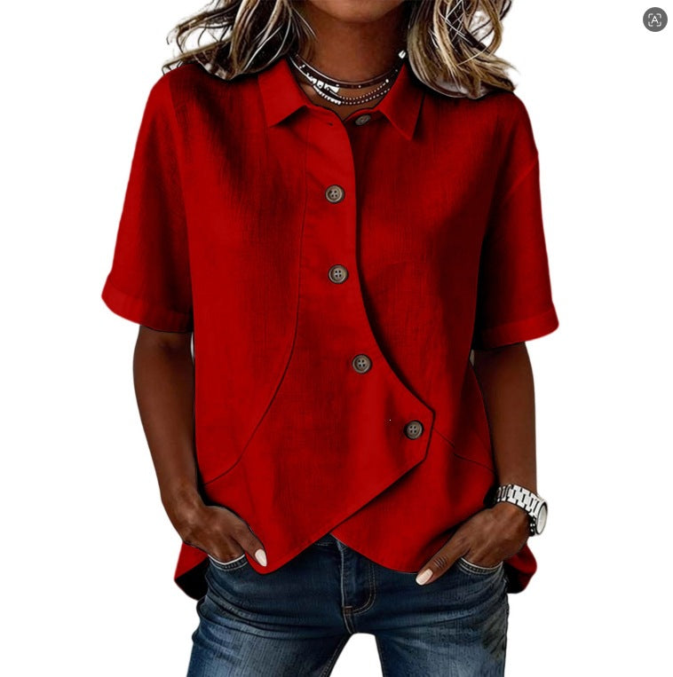 Women's Irregular-Button Blouse – Relaxed Short-Sleeve Everyday Top