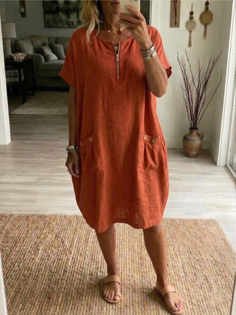Women's Zip Front Midi Dress – Casual Short Sleeve Dress with Pockets