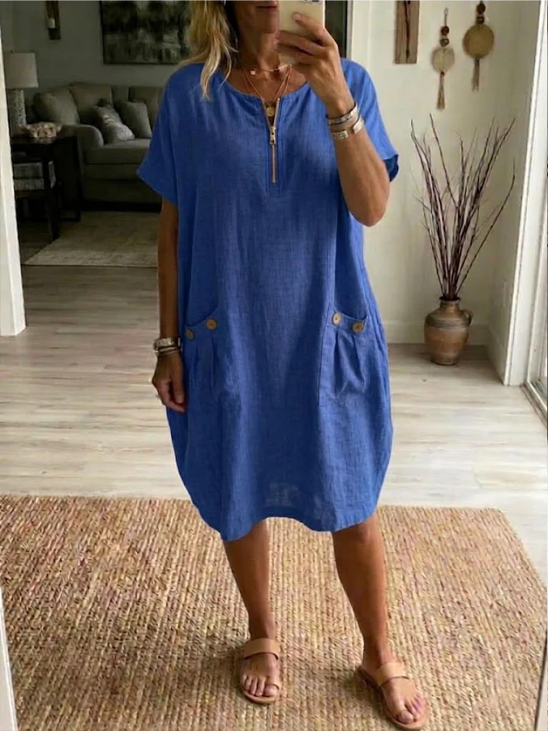 Women's Zip Front Midi Dress – Casual Short Sleeve Dress with Pockets