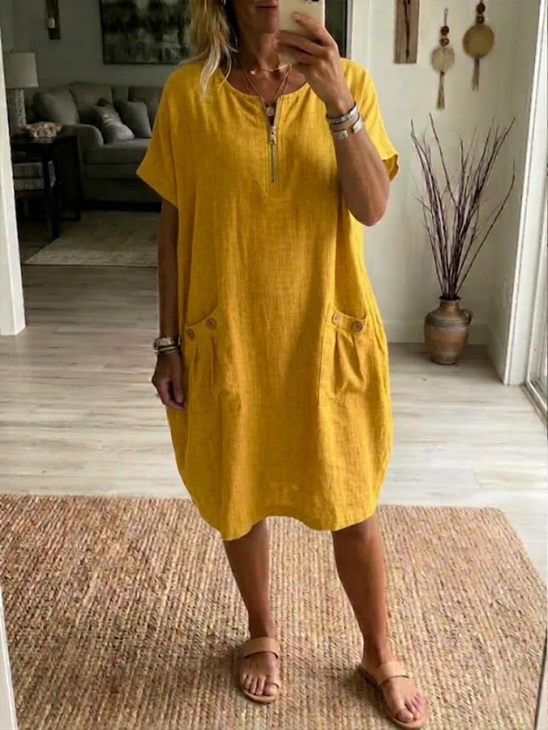 Women's Zip Front Midi Dress – Casual Short Sleeve Dress with Pockets