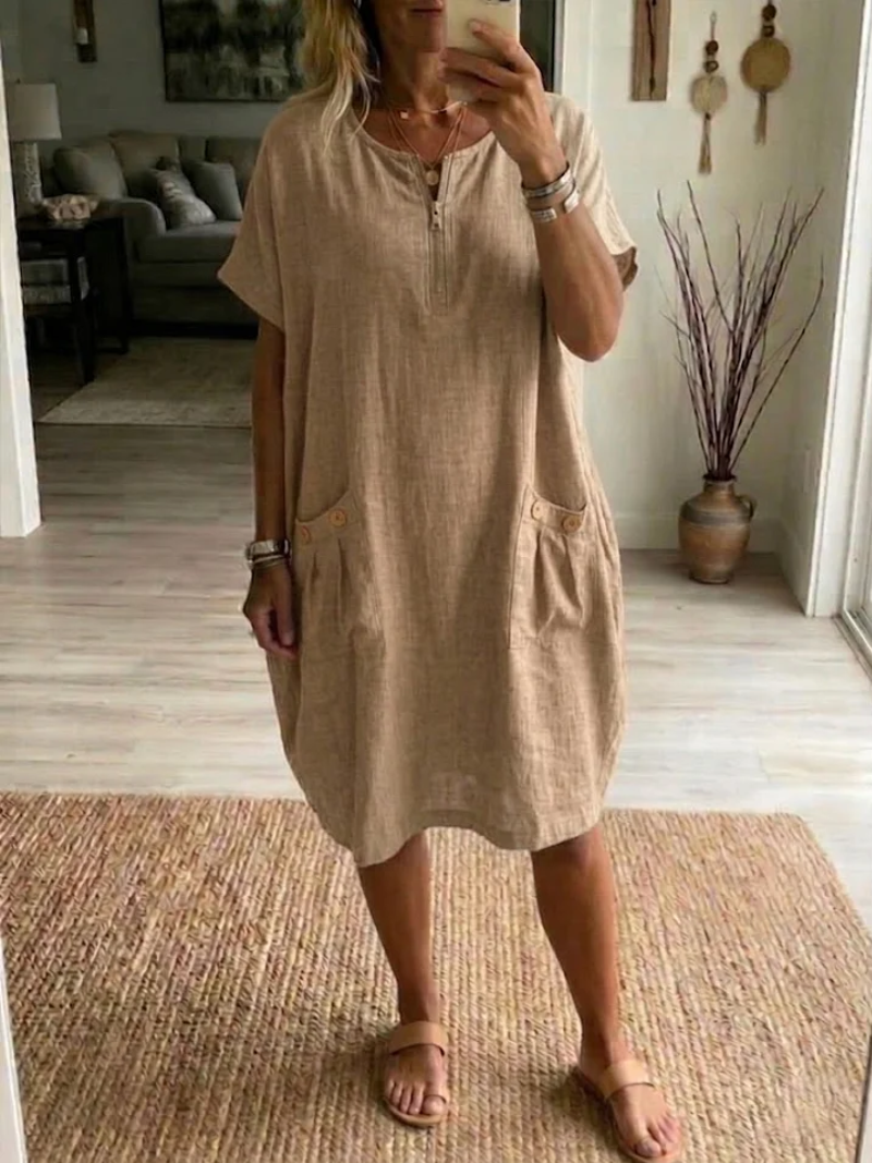 Women's Zip Front Midi Dress – Casual Short Sleeve Dress with Pockets