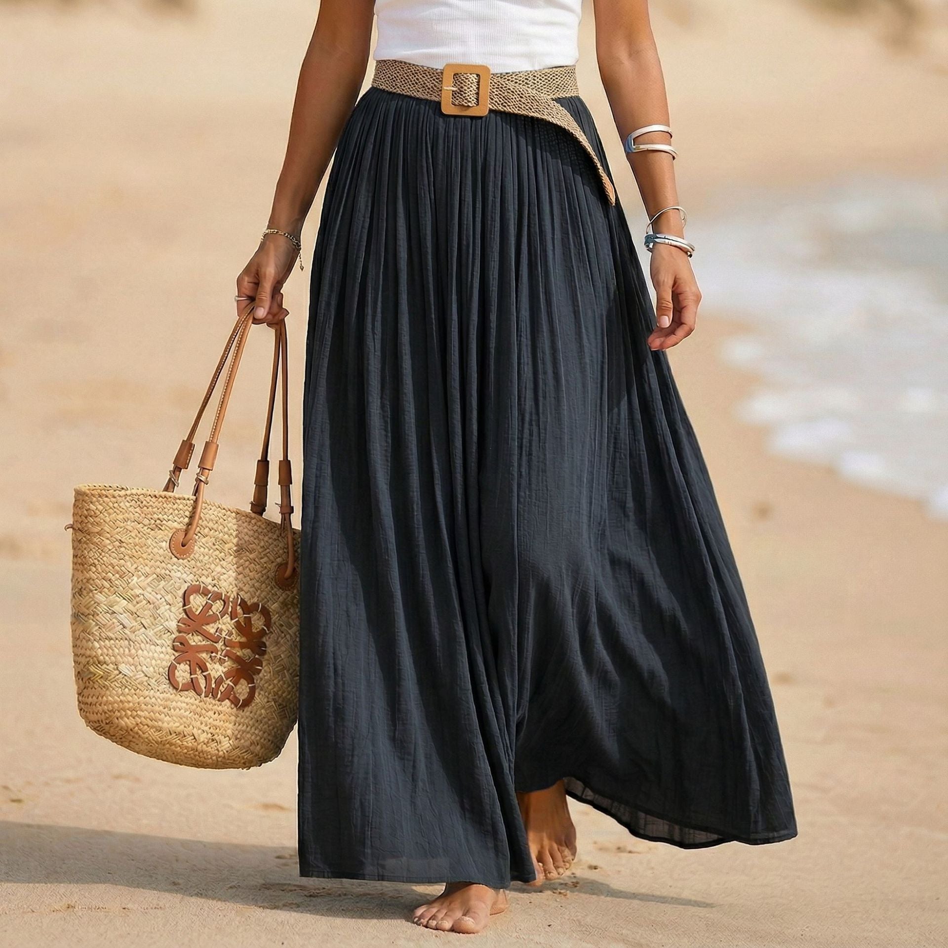 Women's Flared Maxi Dress - Elastic Waist Holiday Beach Dress